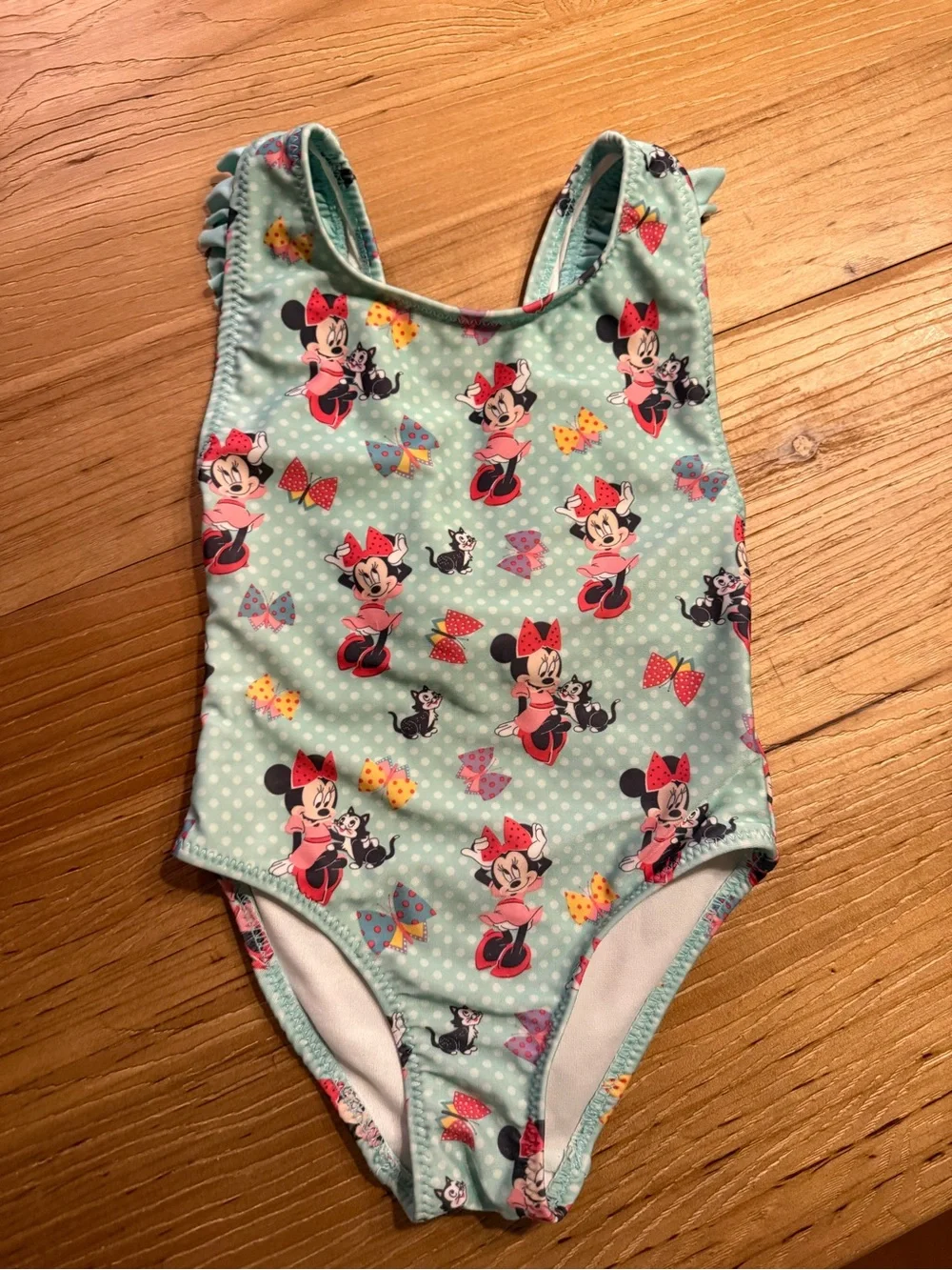 Disney Girls' Aqua Minnie Mouse One-Piece Swim Suit with Pink Bows
